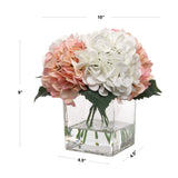 Pink & White Hydrangea Flowers in Glass Vase with Water Look, Floral Home by Artificial Flowers